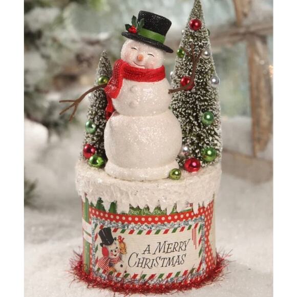 New Bethany Lowe Retro Snowman On Box Christmas Decor Vintage Inspired - Picture 1 of 1